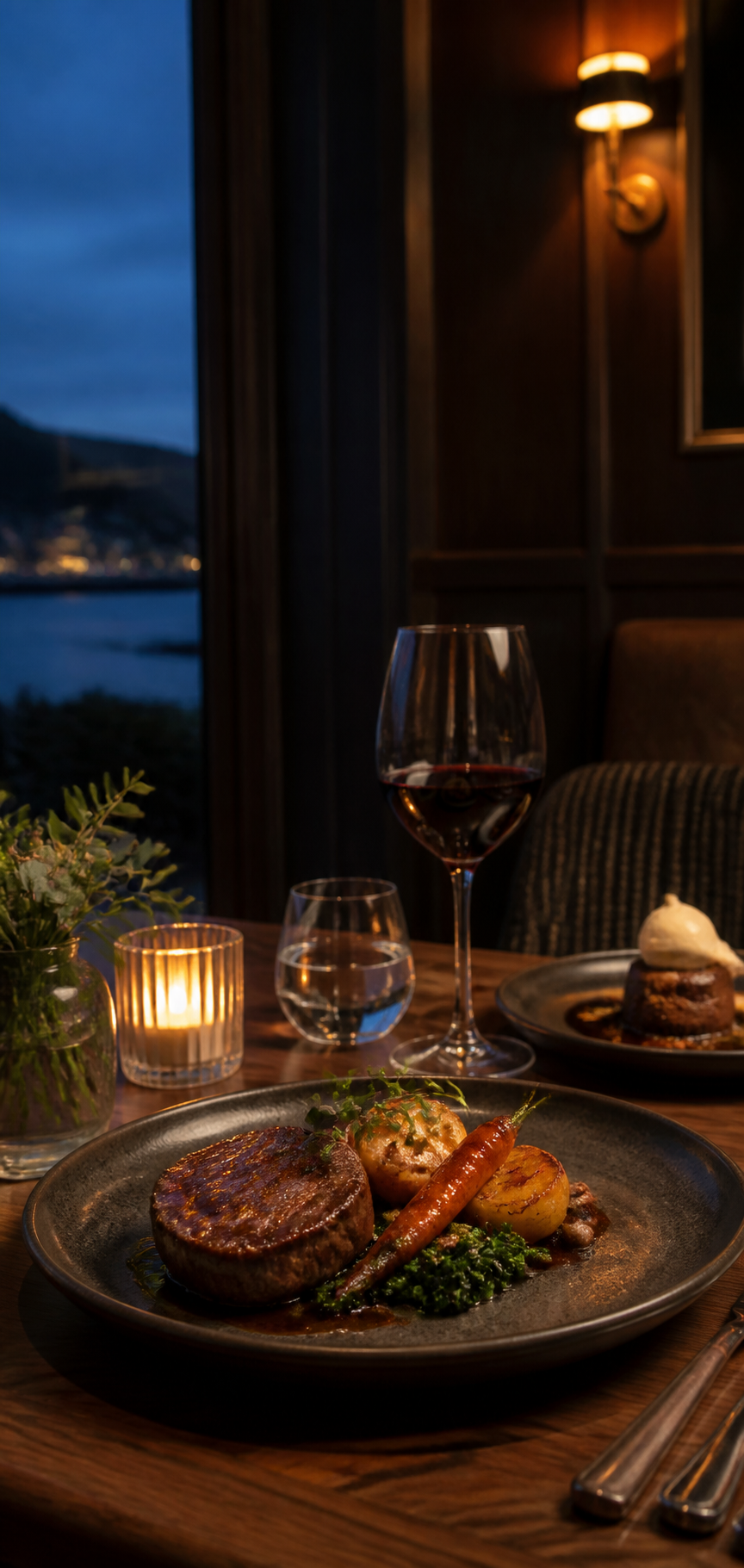 Elegant tasting menu dinner with wine and candlelight